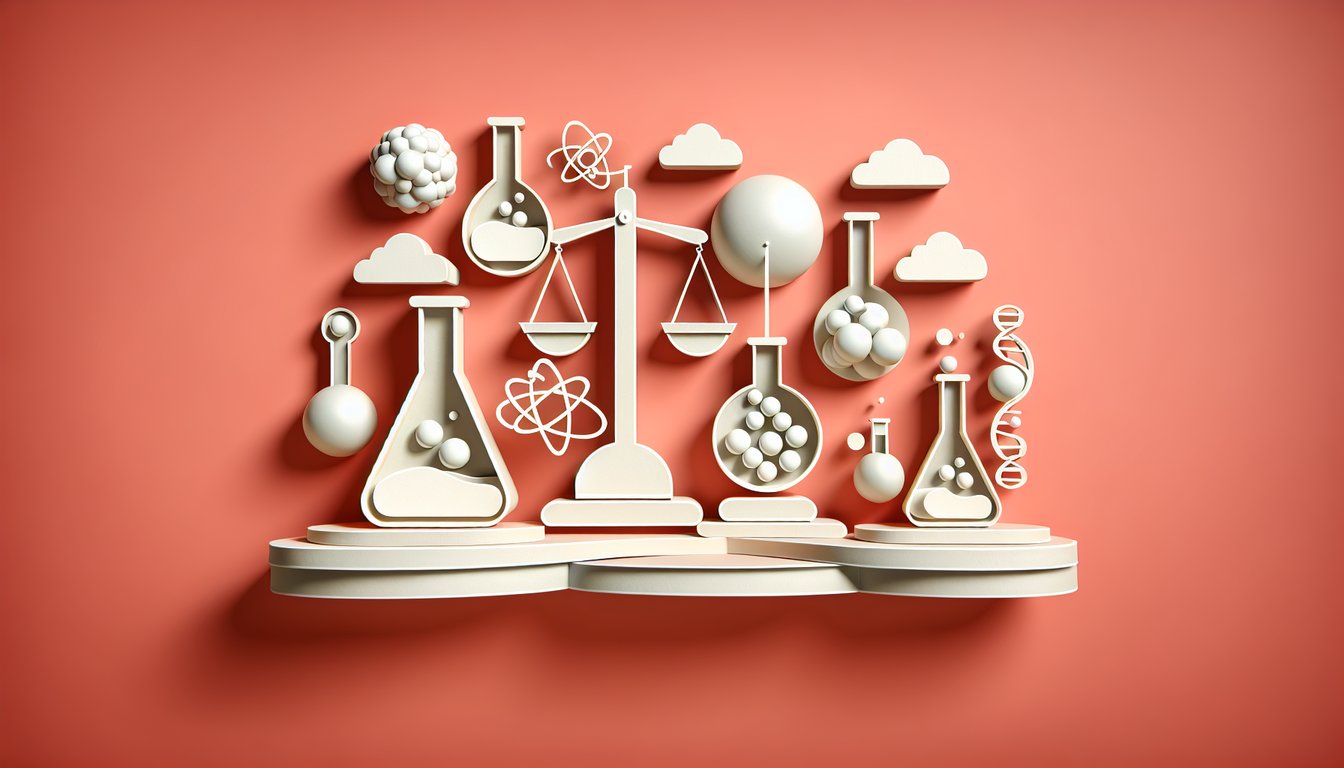 Paper art depiction of molecules balanced on scales coral background mass conservation quiz