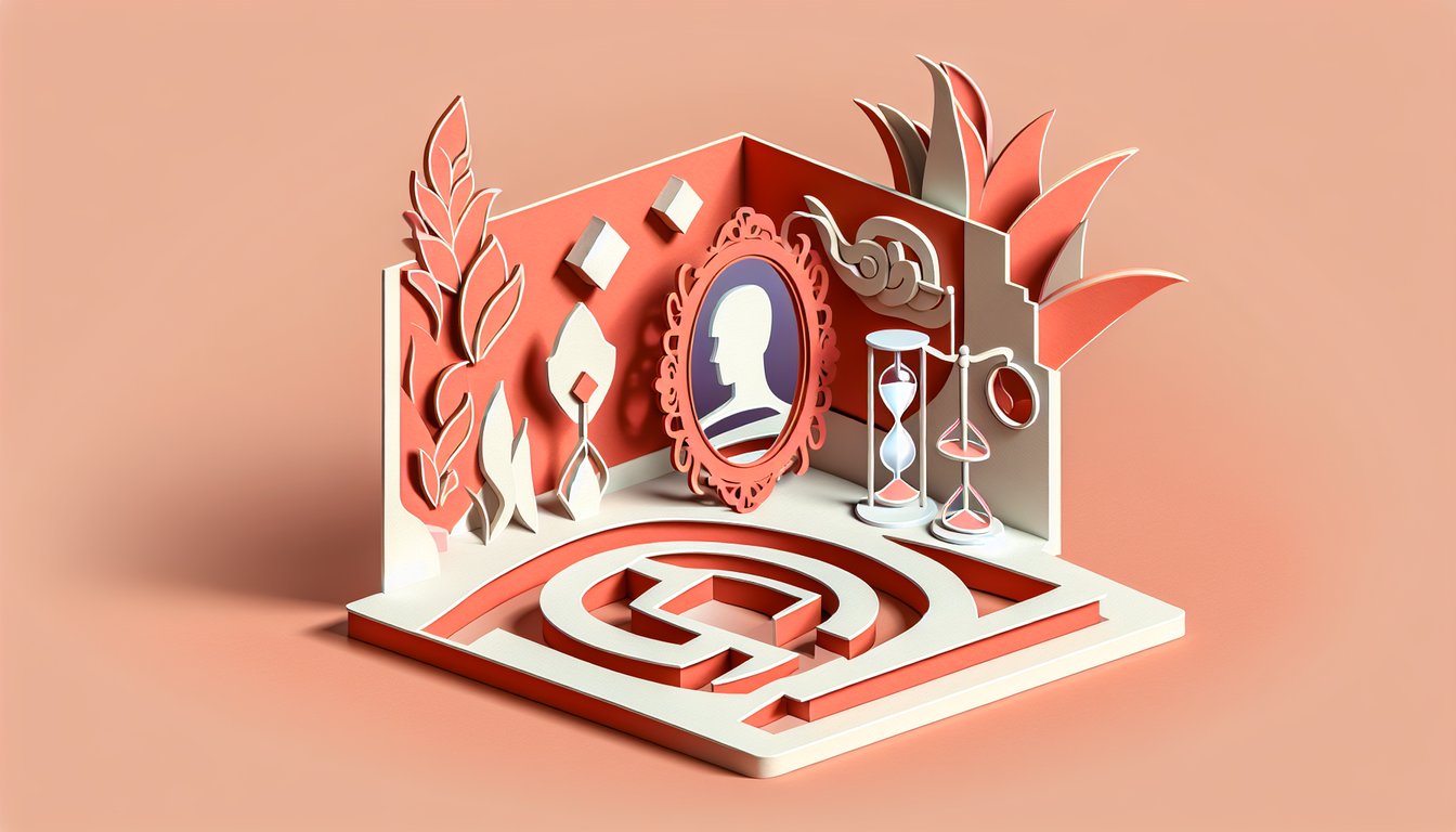 Paper art illustration for a narcissism test quiz on a coral background