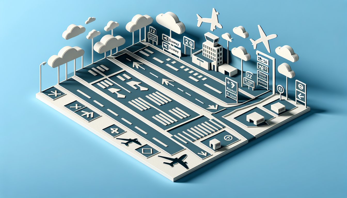 Paper art illustration for Airport Signs and Markings Quiz on a sky blue background