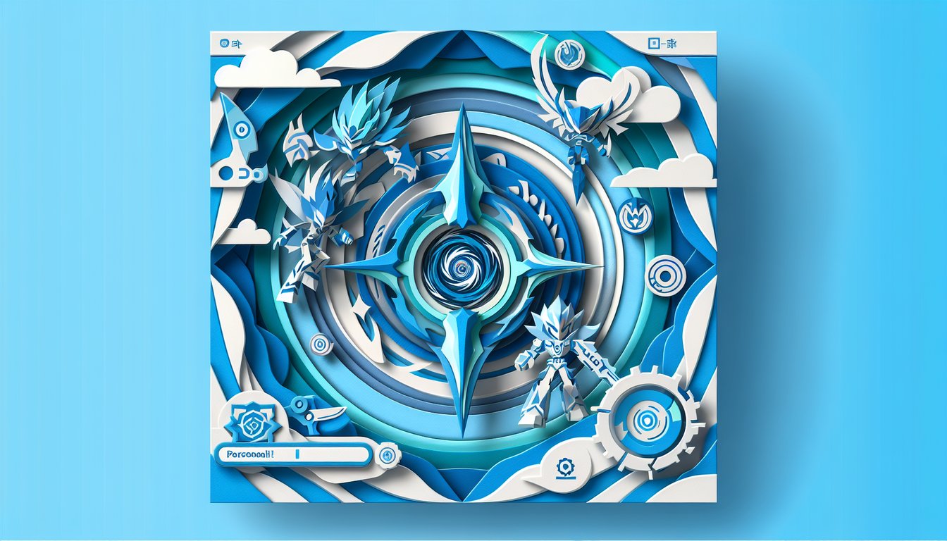 Beyblade Metal Fusion personality quiz paper art illustration on a sky blue background.