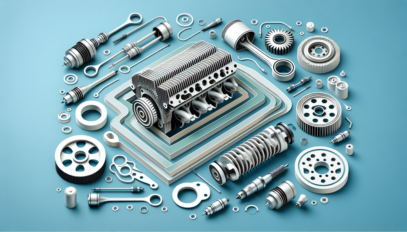 Paper art illustration for engine parts quiz on a sky blue background