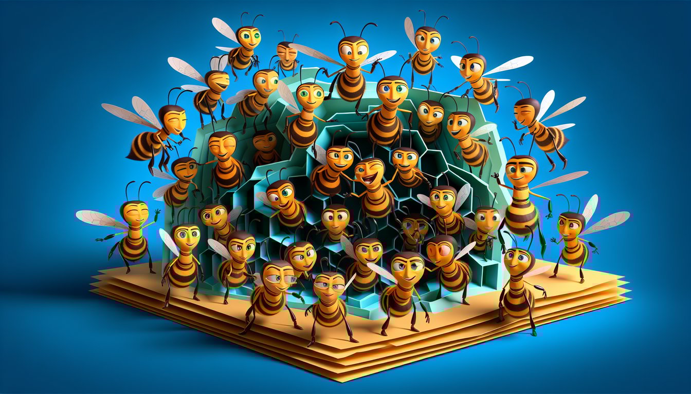 Paper art illustration for Bee Movie trivia quiz featuring Barry B. Benson on a dark blue background