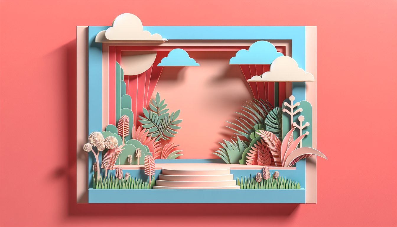 Paper cut style illustration of quiz graphics for Selena Gomez favorite color trivia and life facts on a coral background.