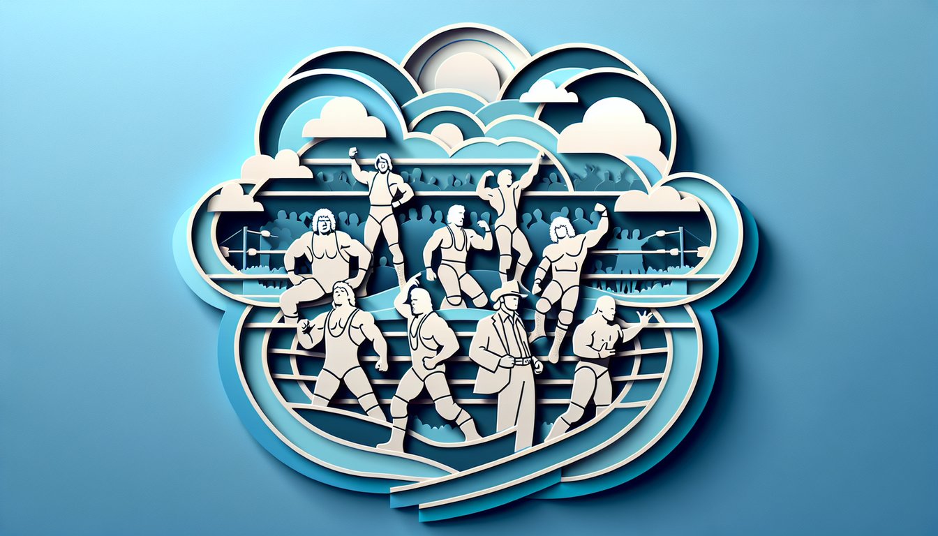 Paper art collage of Gen X wrestlers and DX logos on sky blue background inviting quiz on original D-Generation X members