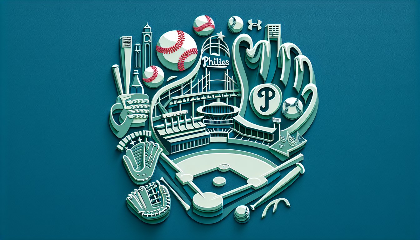 Paper art style baseball bat ball home plate icons framing Phillies trivia quiz title on teal background