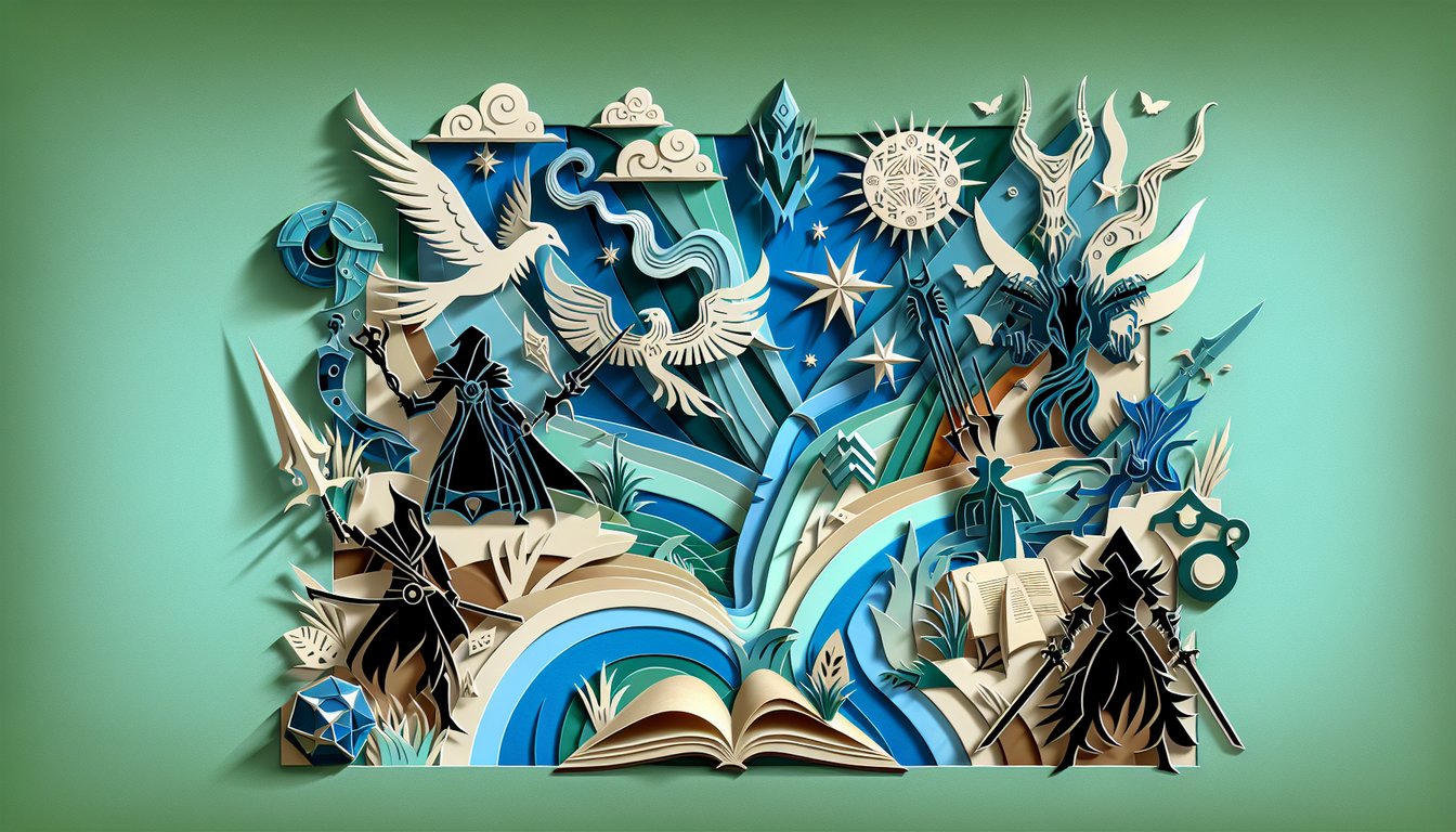 Paper art illustration for GW2 profession quiz on teal background