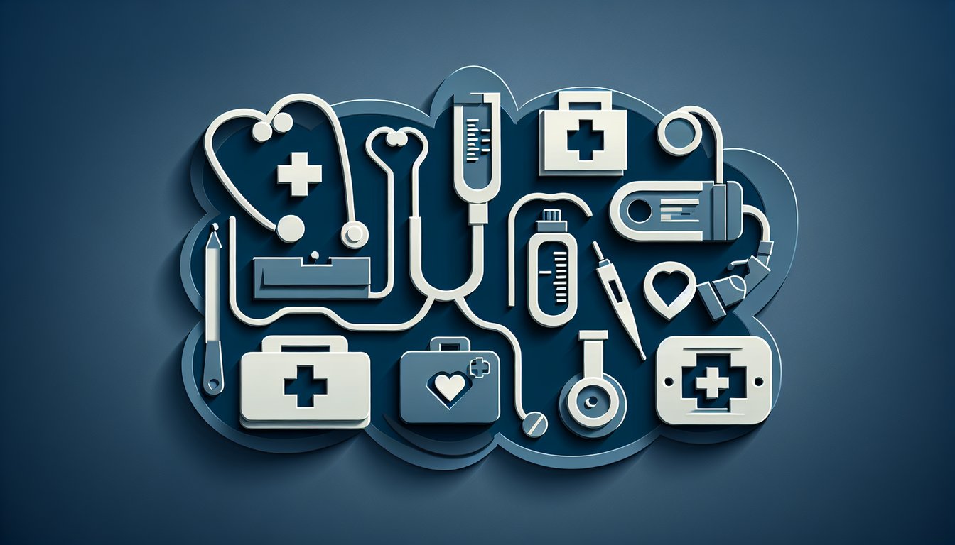 Paper art medical assistant games quiz with stethoscope clipboard syringe brain on dark blue background