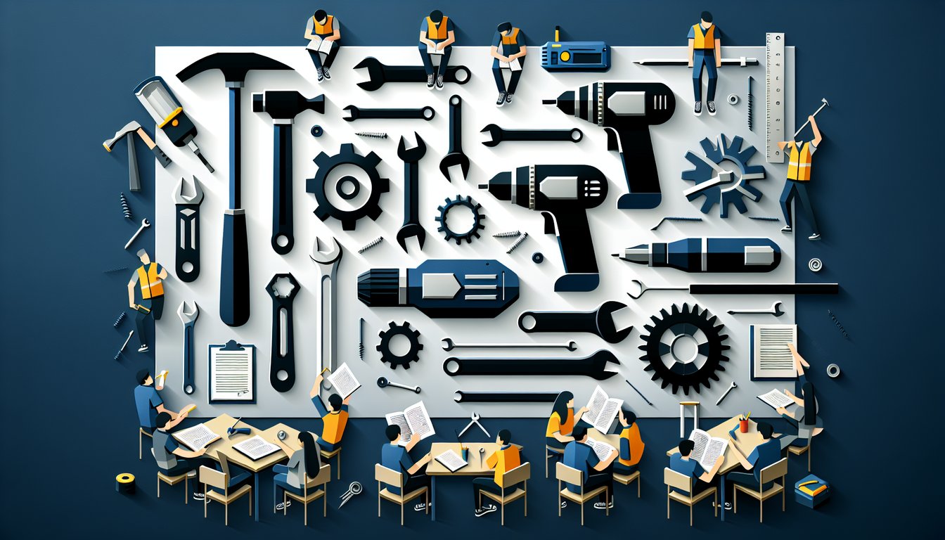 Paper art representing a trivia quiz on Power Tools Mastery for high school students.