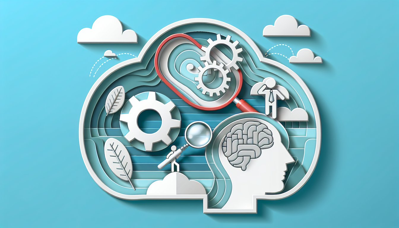 Paper art illustration showing a notebook pencil gears checklist on a sky blue background for a work ethic quiz