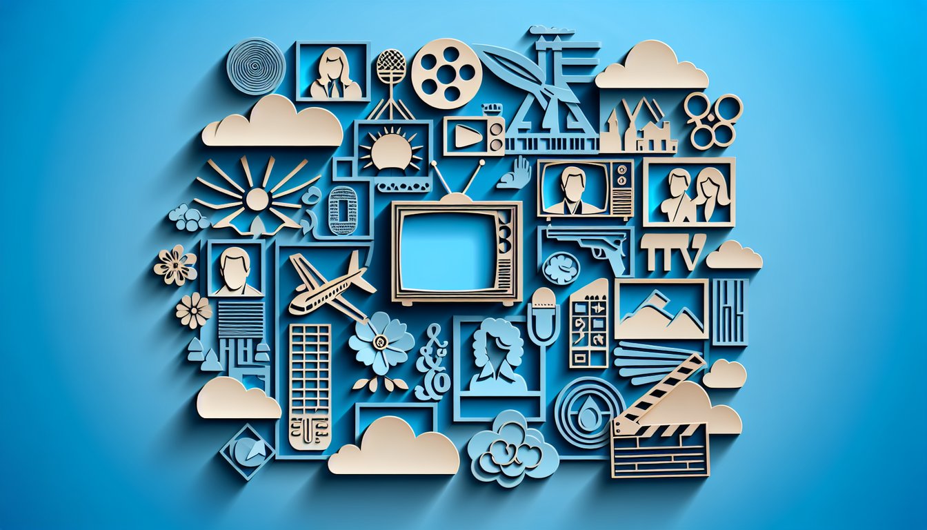 Paper art illustration for 1970s TV trivia quiz on a sky blue background