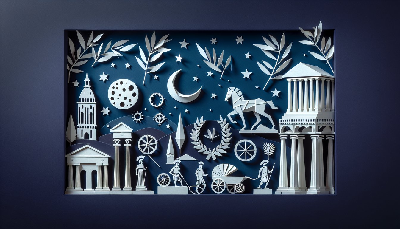 Colorful paper art depicting elements of Ancient Latium and Pre-Roman Rome for a quiz