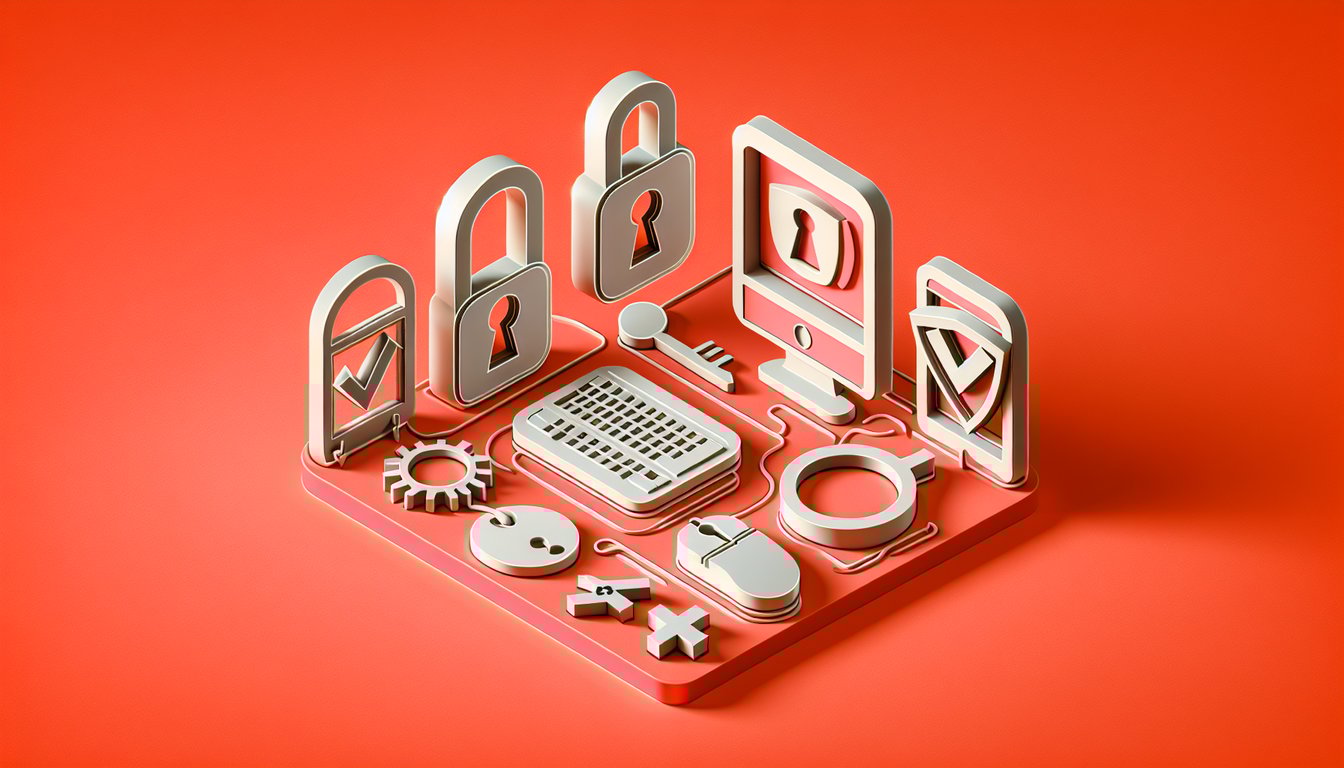 Paper art style computer icons including bug virus shield magnifying glass on coral background for malware spotting quiz.