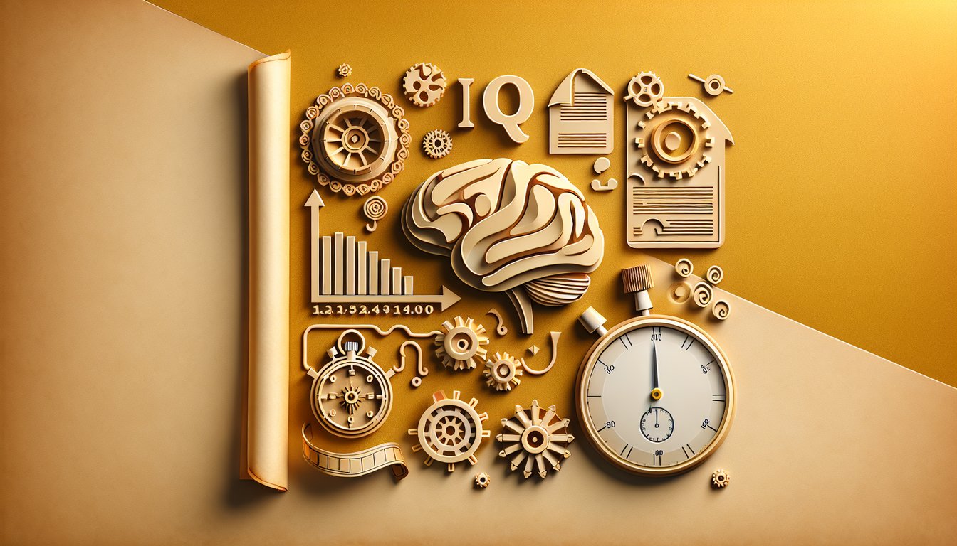 Paper art illustration with puzzle shapes brain icon and score tracker on golden yellow background for mental ability quiz