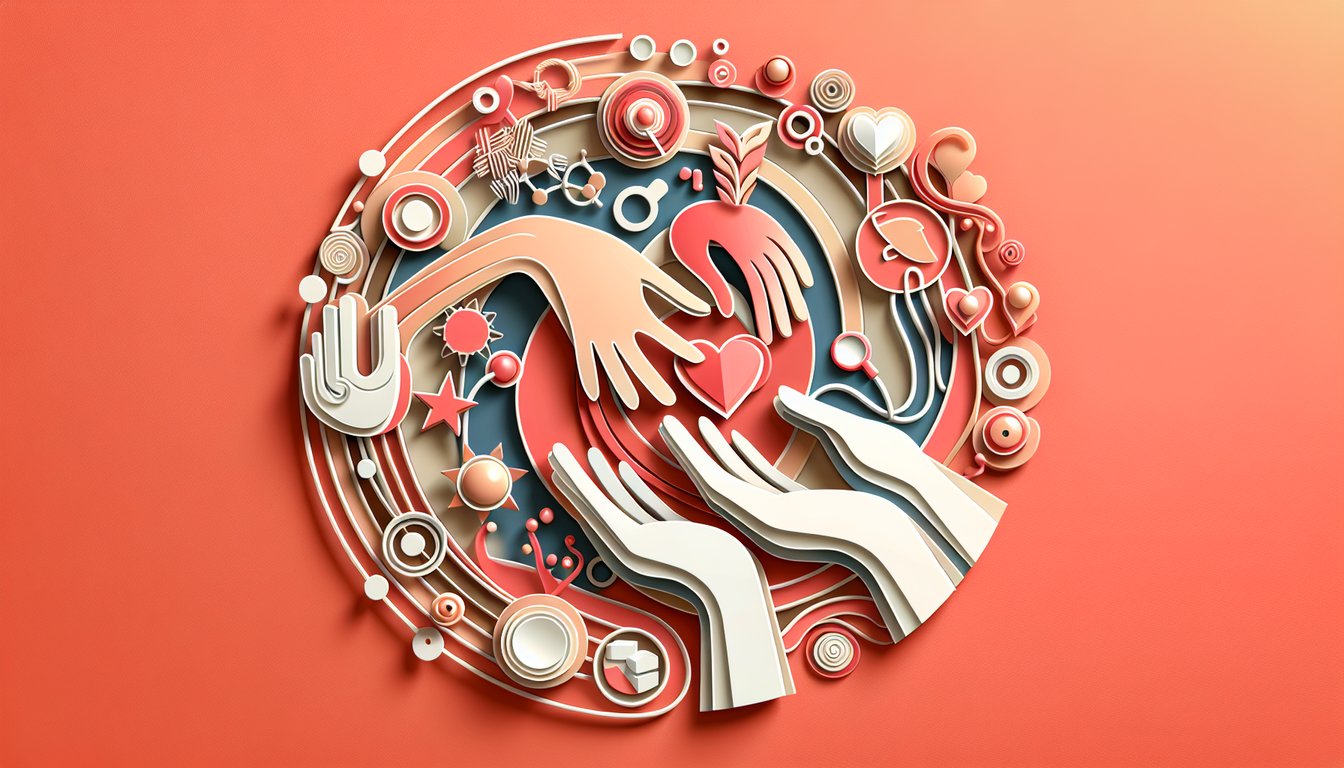 Paper art of helping hands and hearts on coral background suggesting social work identity quiz
