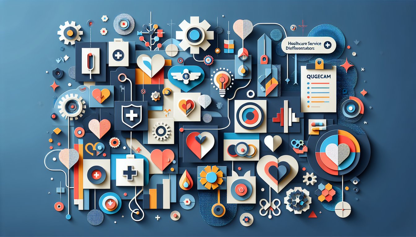 Colorful paper art displaying various healthcare symbols for a quiz on service differentiators