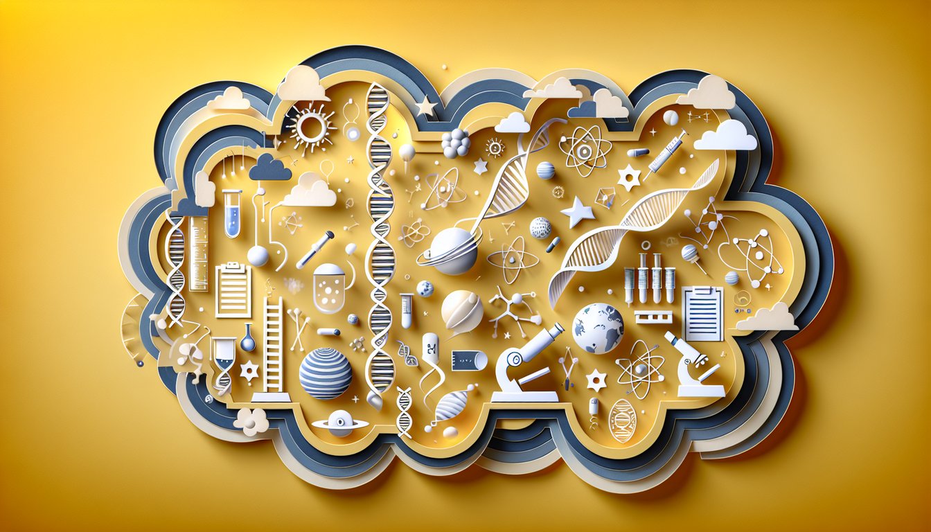Paper art illustration of microscope atom gears test tubes and checkboxes for free science quiz on golden yellow background