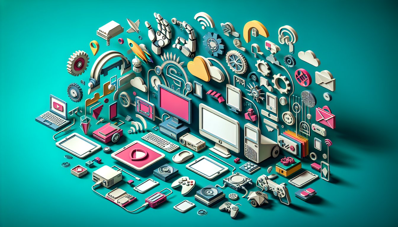 Paper art style smartphone laptop gear icons arranged around quiz title on teal background inviting tech trivia challenge
