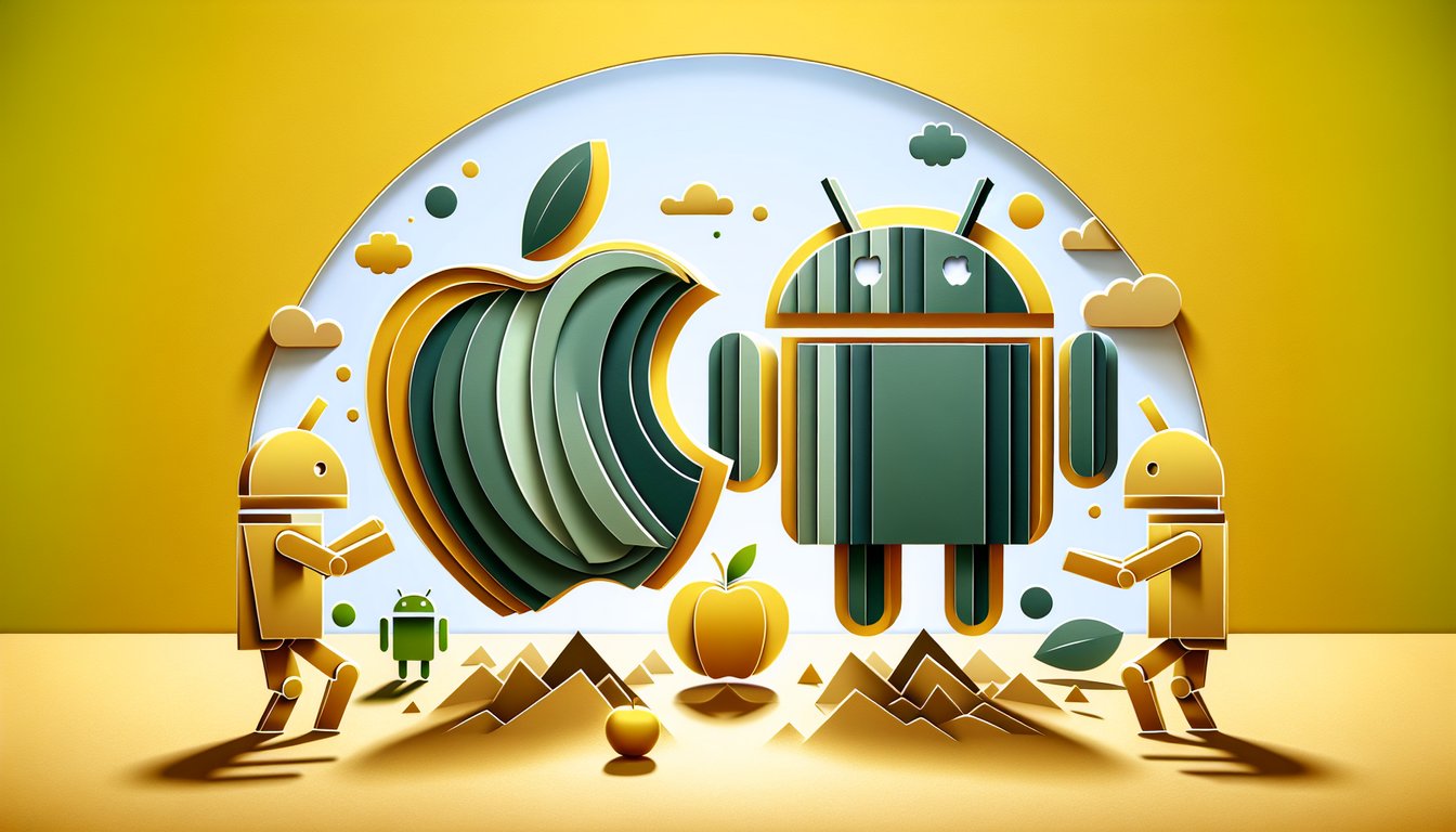 Paper art apple and android icons facing each other on golden yellow background for tech personality quiz