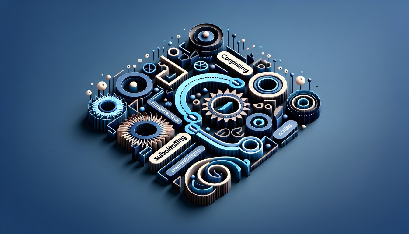 Paper art illustration for online conjunction practice quiz on a dark blue background