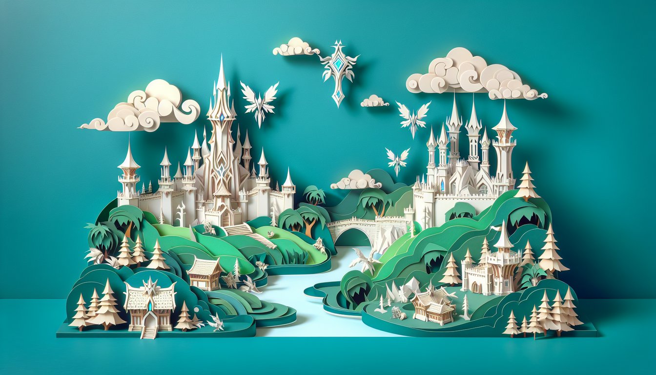 Paper art scene of fantasy game elements and question marks on teal background for World of Warcraft addiction quiz