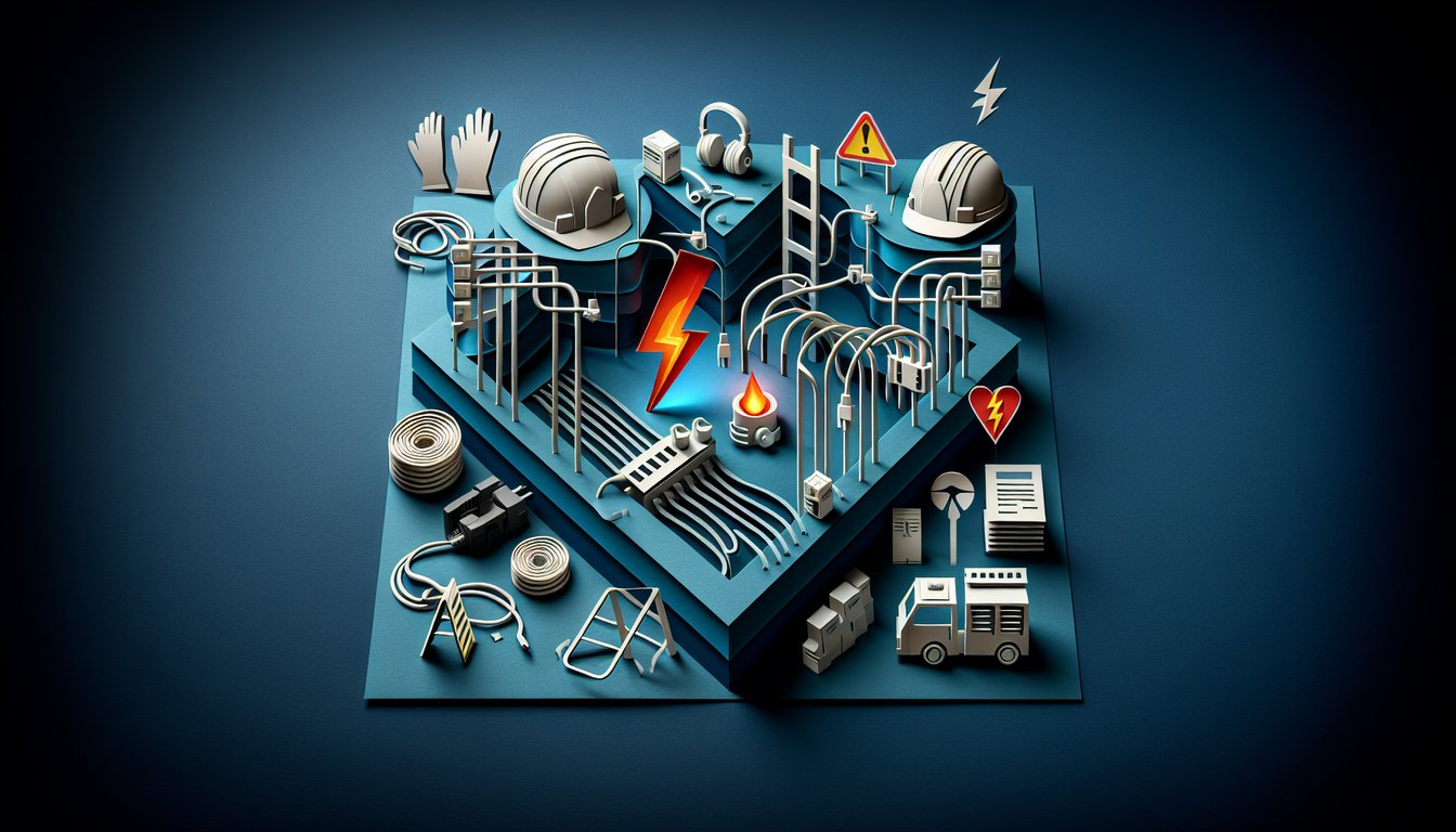 Paper art layers depict low current electrical circuits lightning bolt safety protocol icons on dark blue quiz backdrop.