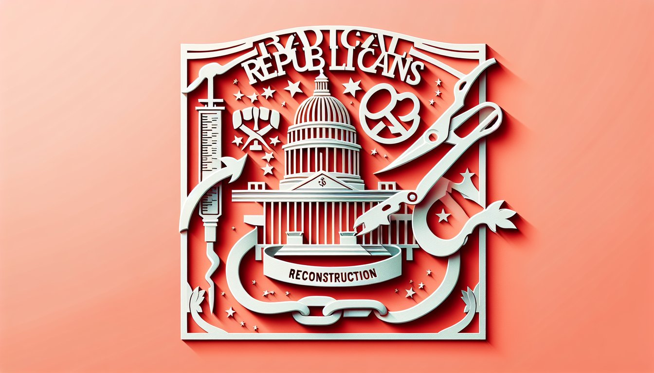 Paper art collage of 19th century lawmakers, Reconstruction era maps and documents in front of US Capitol on coral background