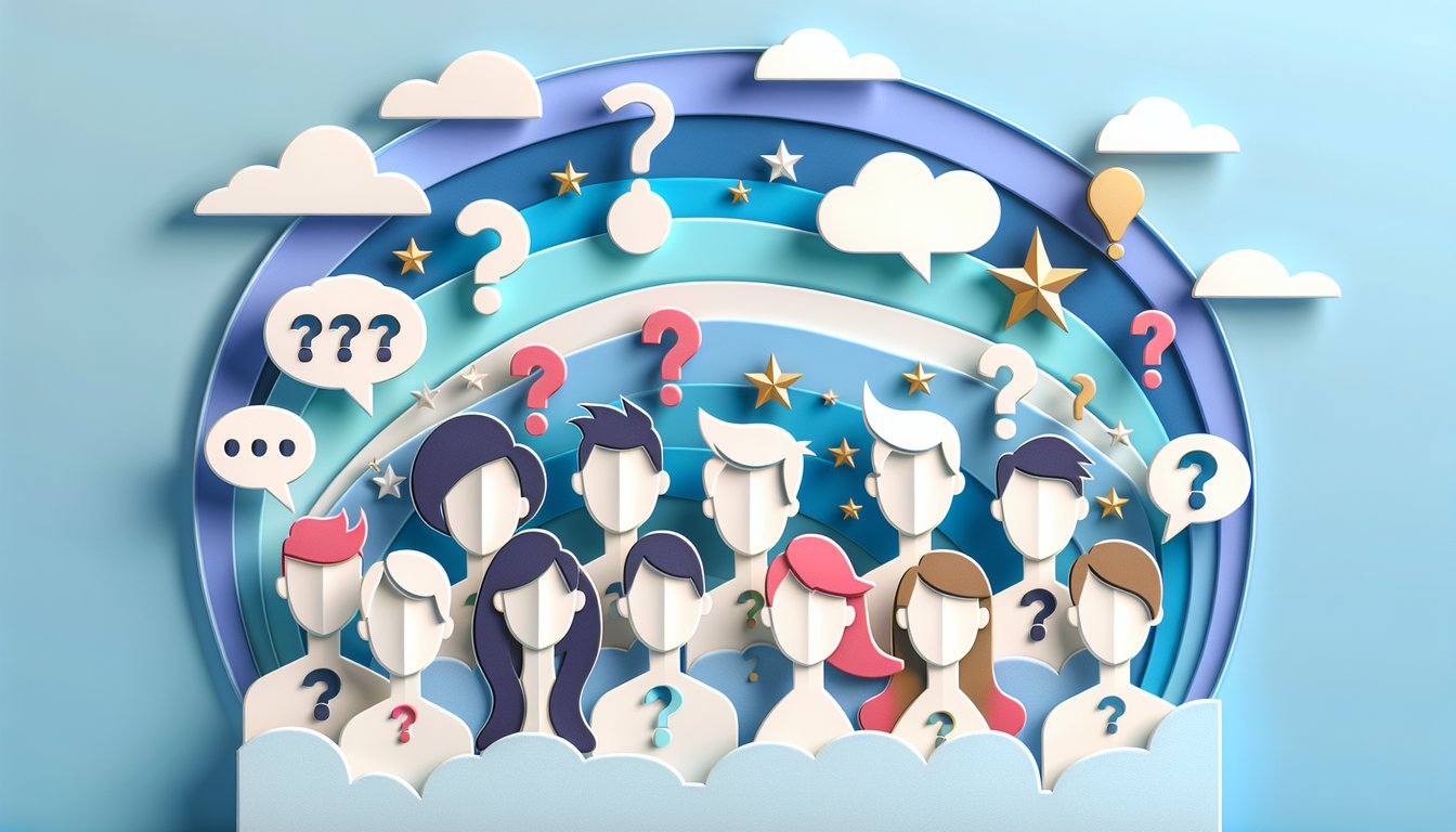 Paper art illustration for Clarence character quiz on a sky blue background.