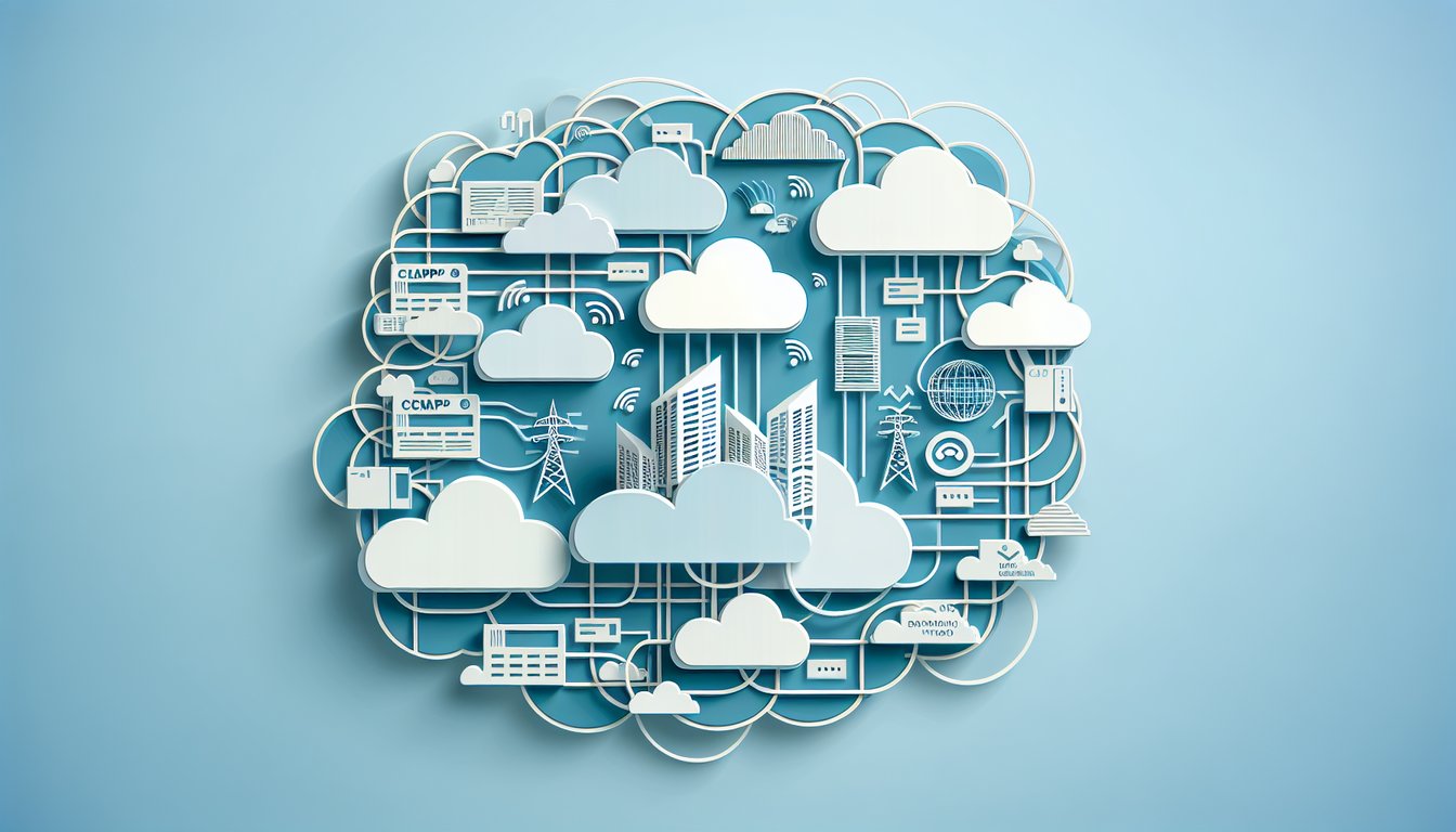 Paper art network devices protocol icons broadcast domain diagram for CCNA quiz on sky blue background