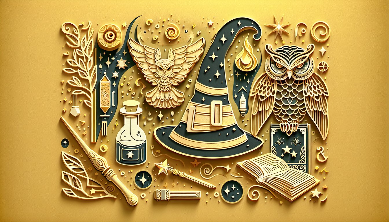 Paper art wizard hat wand open book for Harry Potter quiz match iconic lines fun trivia on golden yellow background
