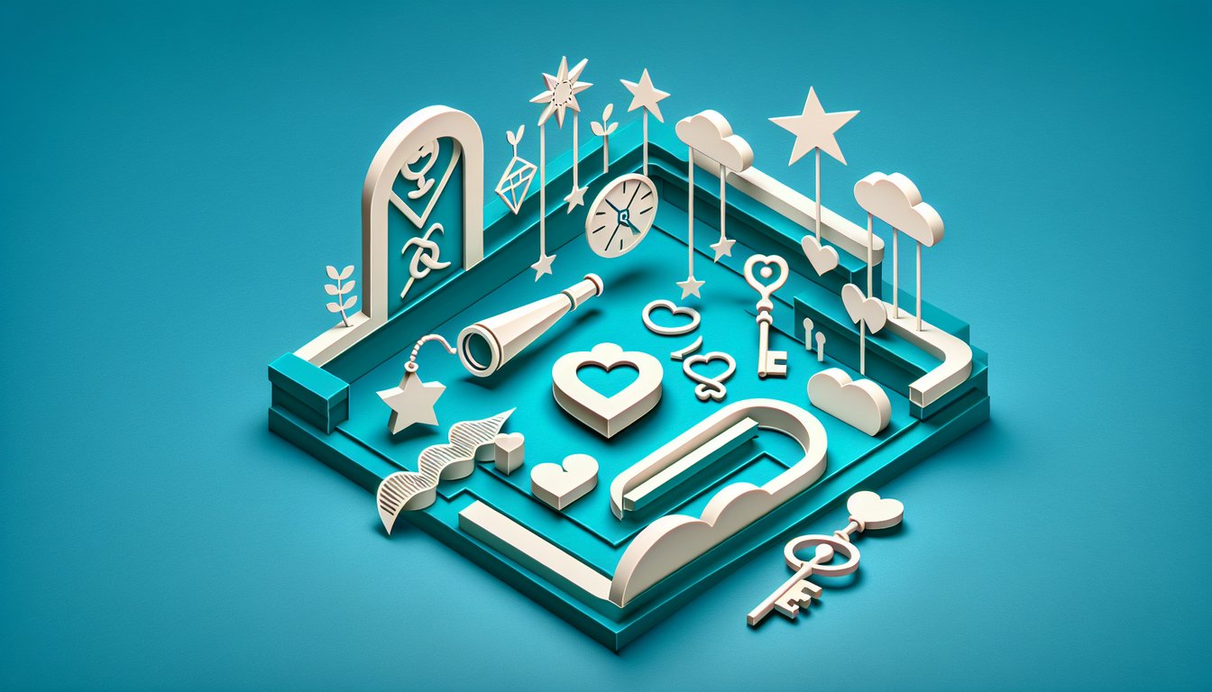 Paper art illustration for ideal partner quiz on a teal background.