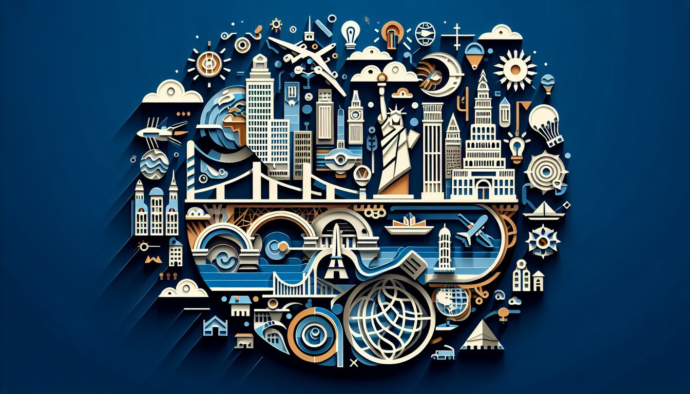 Paper cut city skyline quiz illustration on dark blue background with flying icons lively city personality test theme