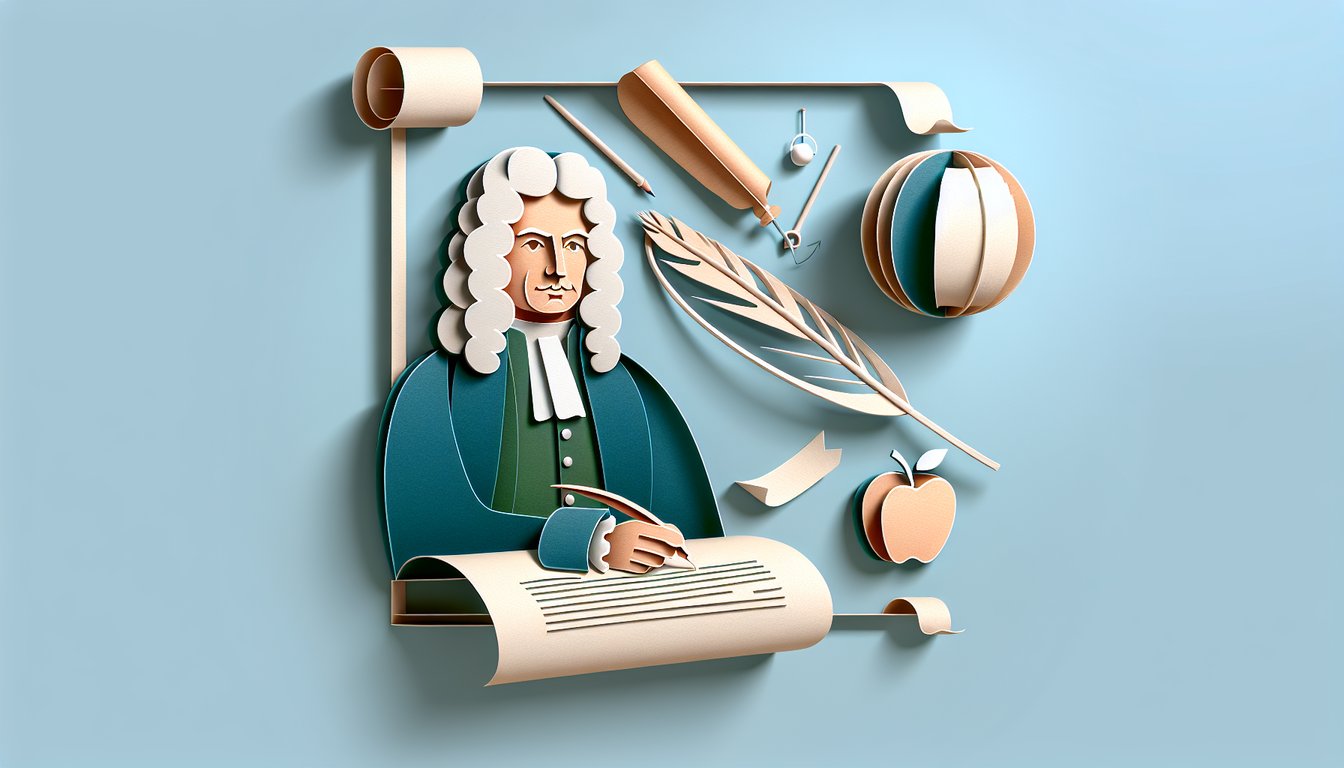Paper art illustration of apple book and question mark for inertia quiz on sky-blue background