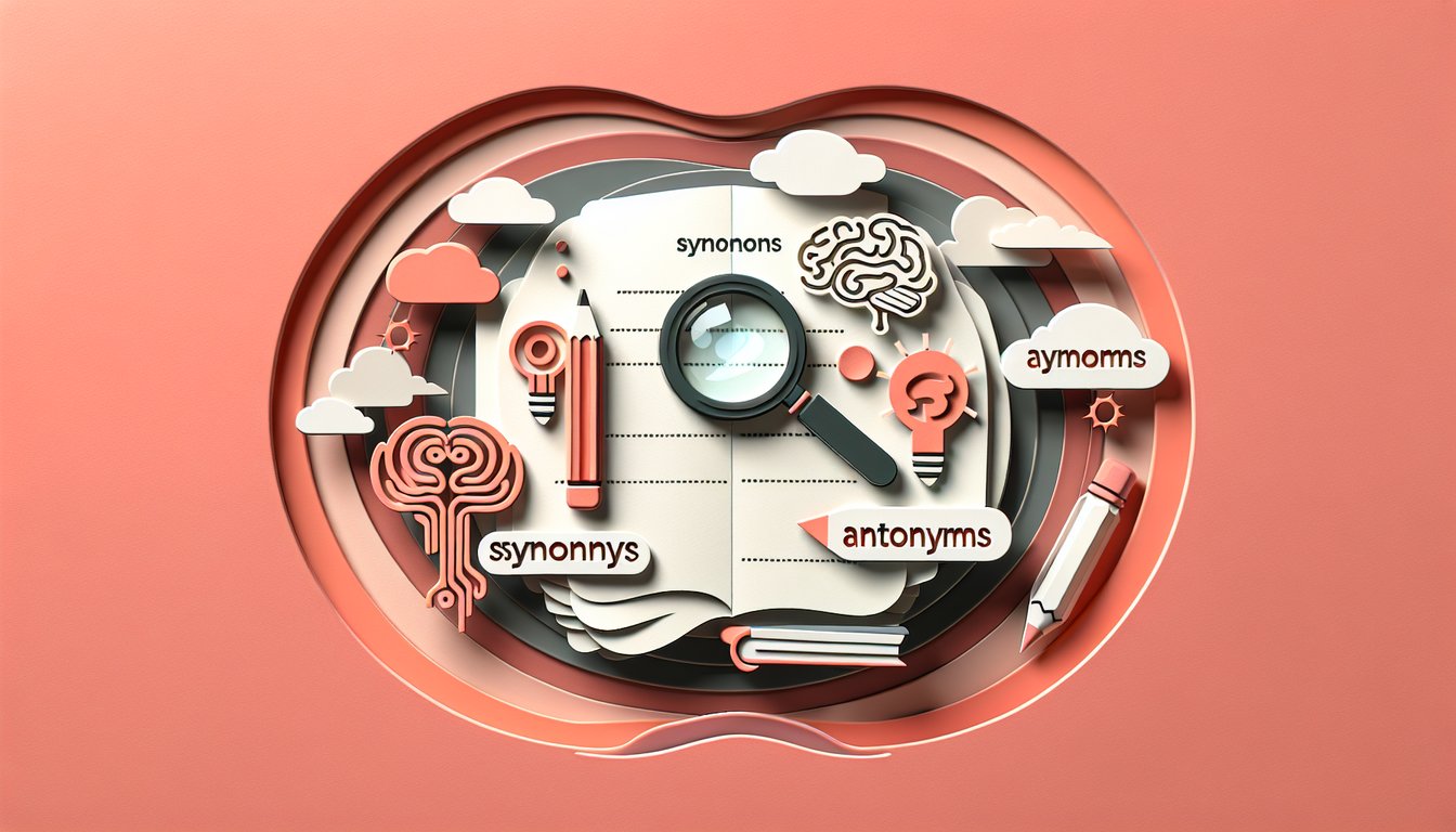 Paper art letters connected by puzzle pieces on coral background symbolizing a synonyms and antonyms word quiz challenge