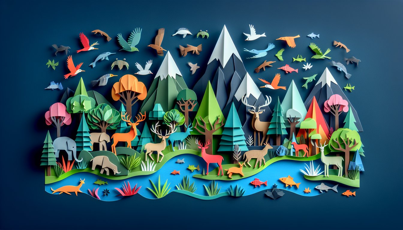 Colorful paper art featuring animals and trees for Wildlife Ecology Knowledge Test quiz