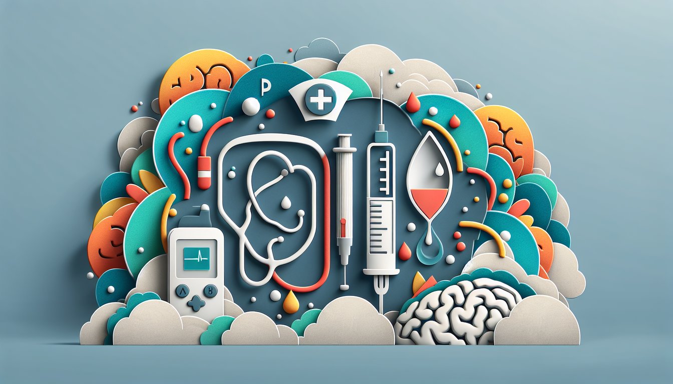 Paper art stethoscope syringe glucose meter insulin vial on sky blue background diabetes nursing quiz