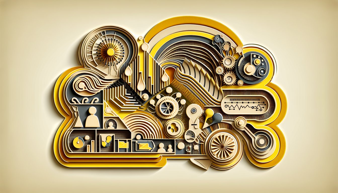 Paper cut art showing a bell connected by arrows to a dog and a lever with a rat on golden yellow background