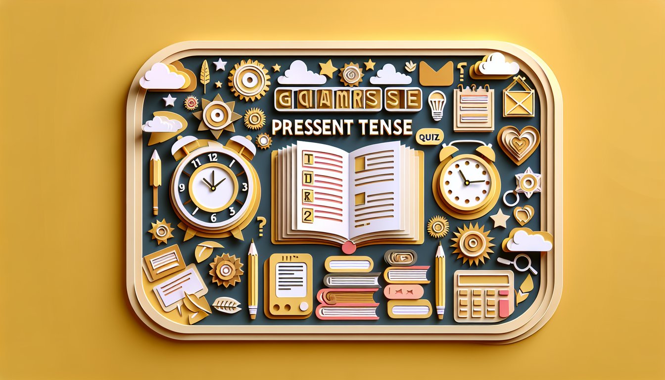 Paper art illustration of notebook pencil speech bubbles on golden yellow background for present continuous tense quiz
