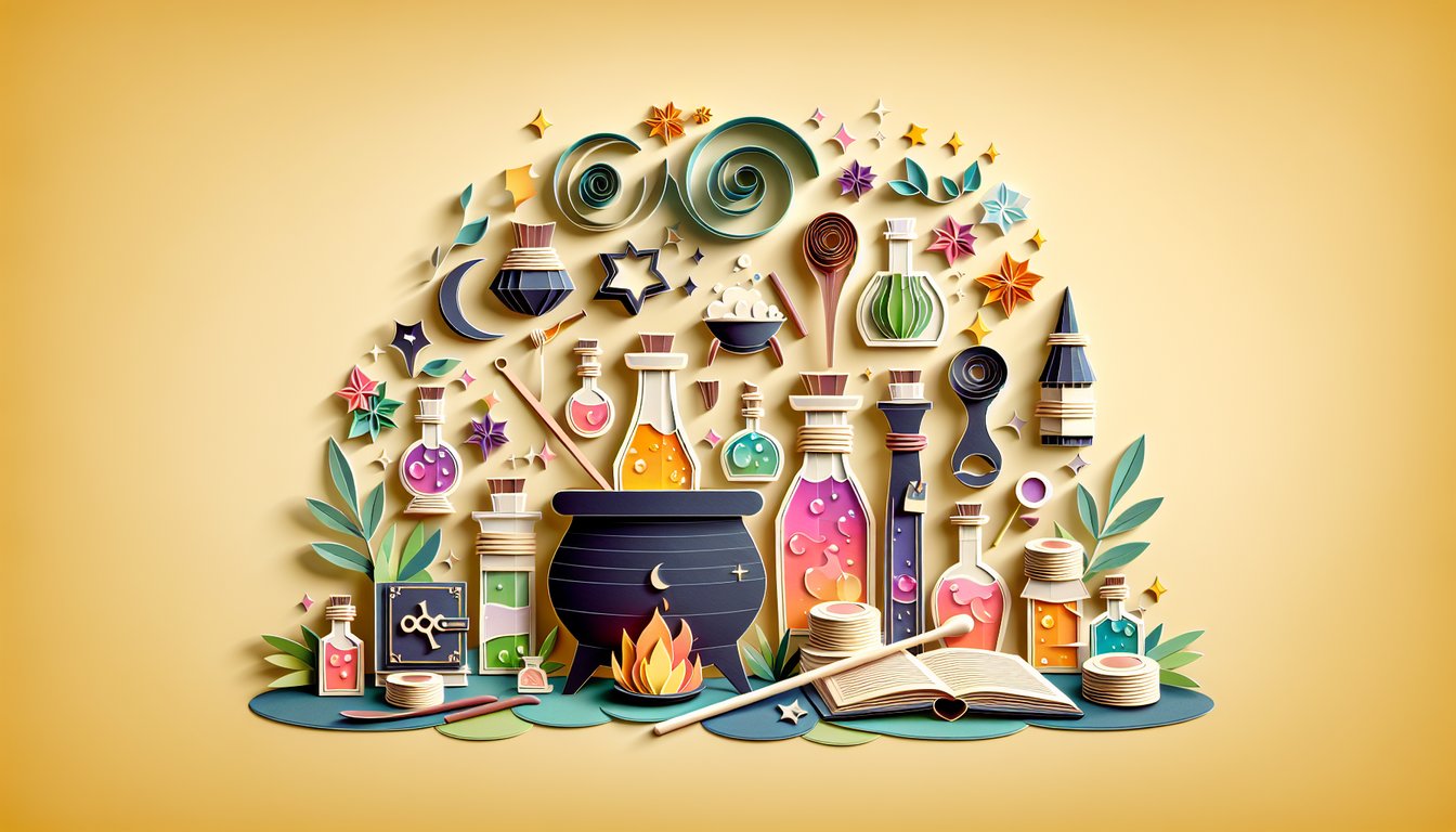 paper art cauldron potion bottles herbs books testing wizarding NEWT skills Pennys Potion Quiz golden yellow background