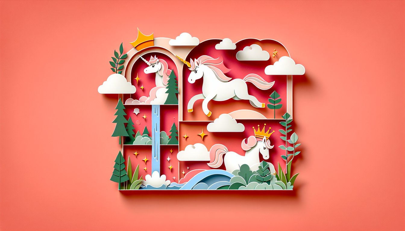 Colorful paper art unicorn illustration for a personality quiz on a coral background