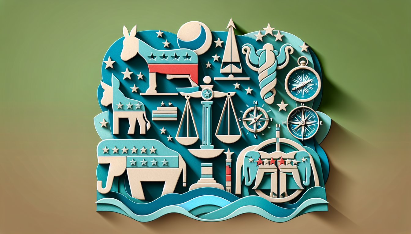 Vibrant paper art depicting liberal and conservative symbols and question marks for typology quiz on teal background
