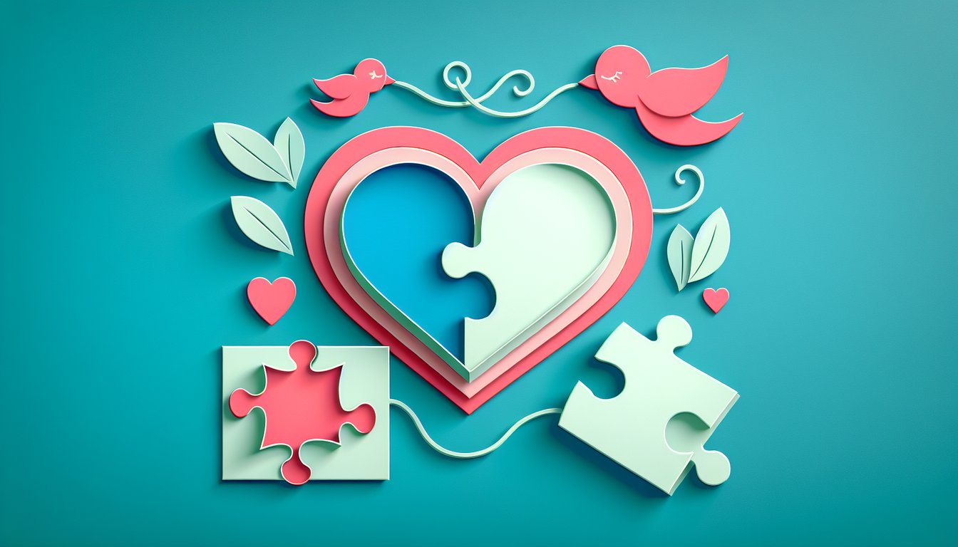 paper art couple icons hearts question marks teal background relationship quiz