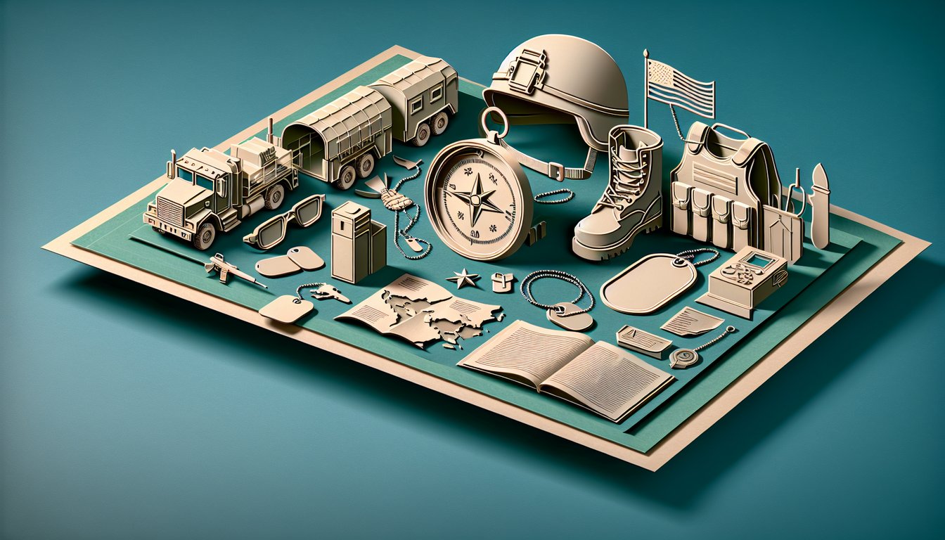 Paper art illustration of SSundees military journey with helmet medals quiz title on teal background