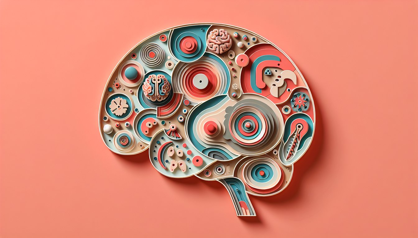 Paper art illustration of stylized brain cross section on coral background with labeled regions for a brain structure quiz