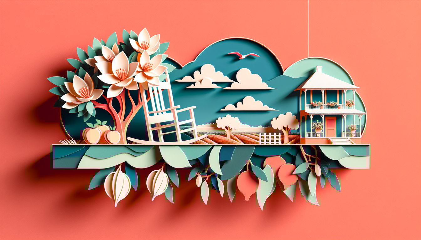 Paper art collage with mason jar cowboy boot peach magnolia on coral background for southern roots quiz