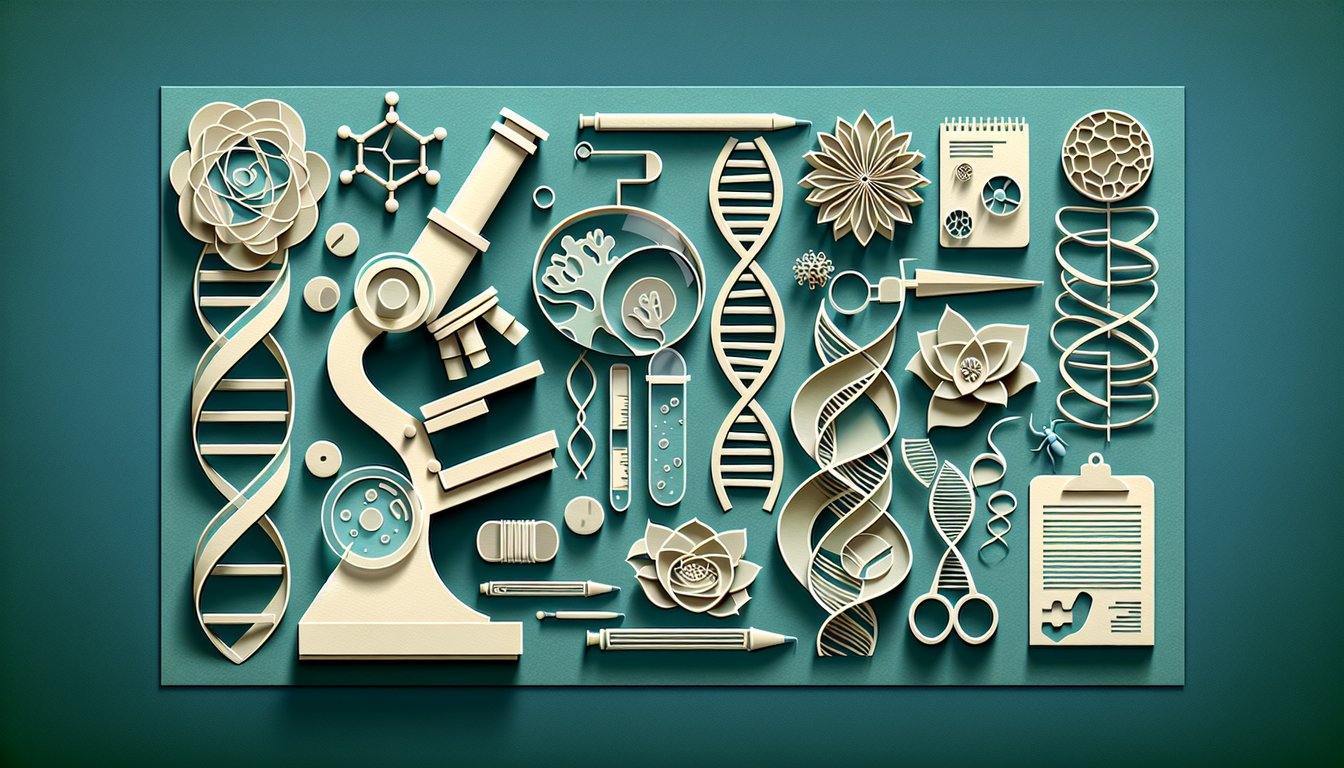 Paper art illustration with dna leaf microscope and question bubbles on teal background for Grade 10 biology quiz promotion