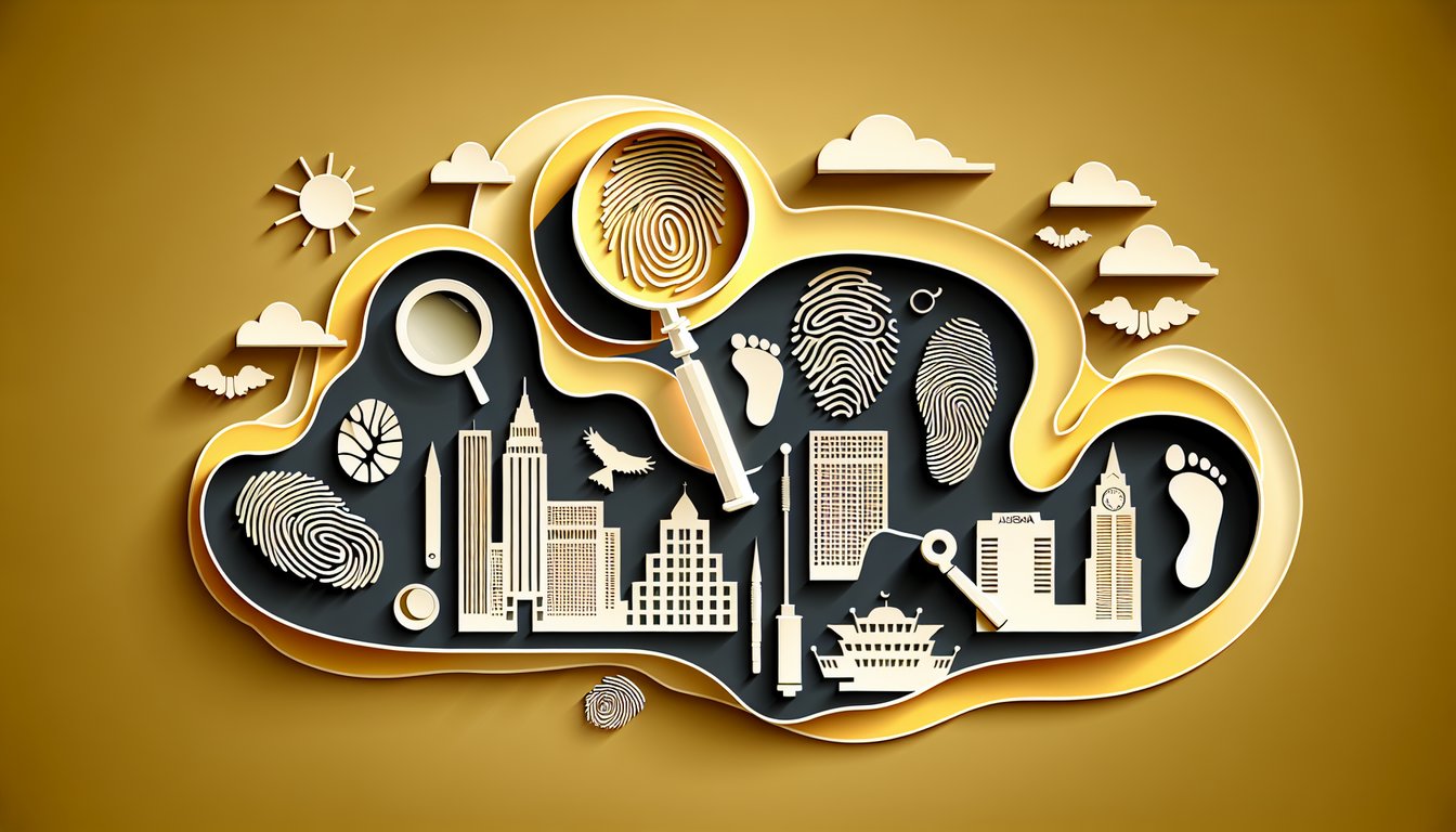 paper art illustration of CSI Las Vegas agent icons on golden yellow background for style matching quiz
