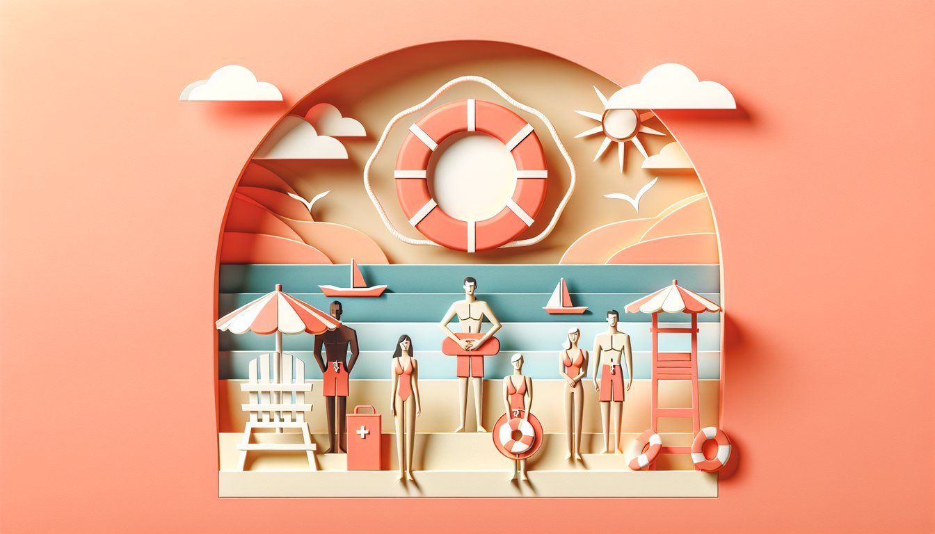 Paper art lifeguard characters and personality quiz title on coral background