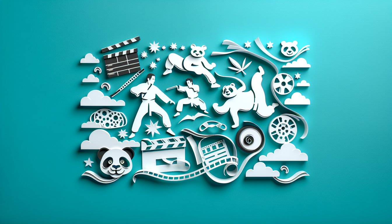 Paper art illustration for Kung Fu Panda trivia quiz featuring Po and pandas on a teal background.