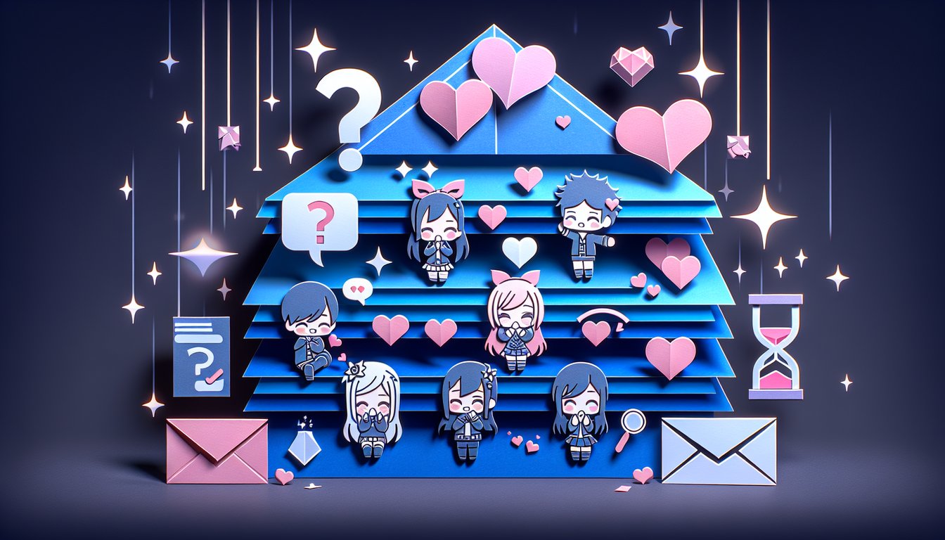 Paper art illustration with layered anime silhouettes, hearts, and anime husbando quiz title on dark blue background