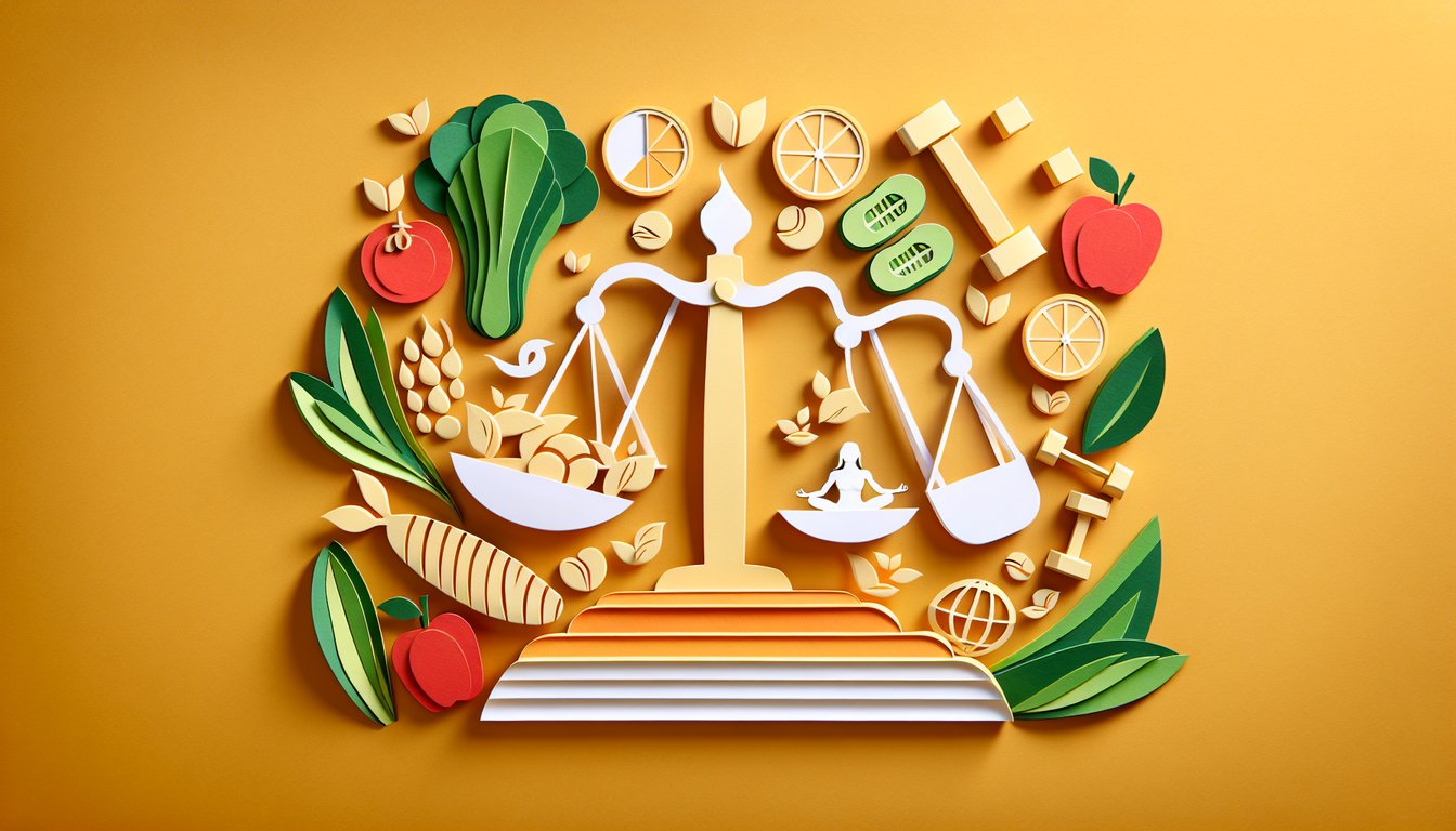 Vibrant paper art scene with healthy foods, dumbbells, brain icon, stethoscope, question mark on golden yellow background